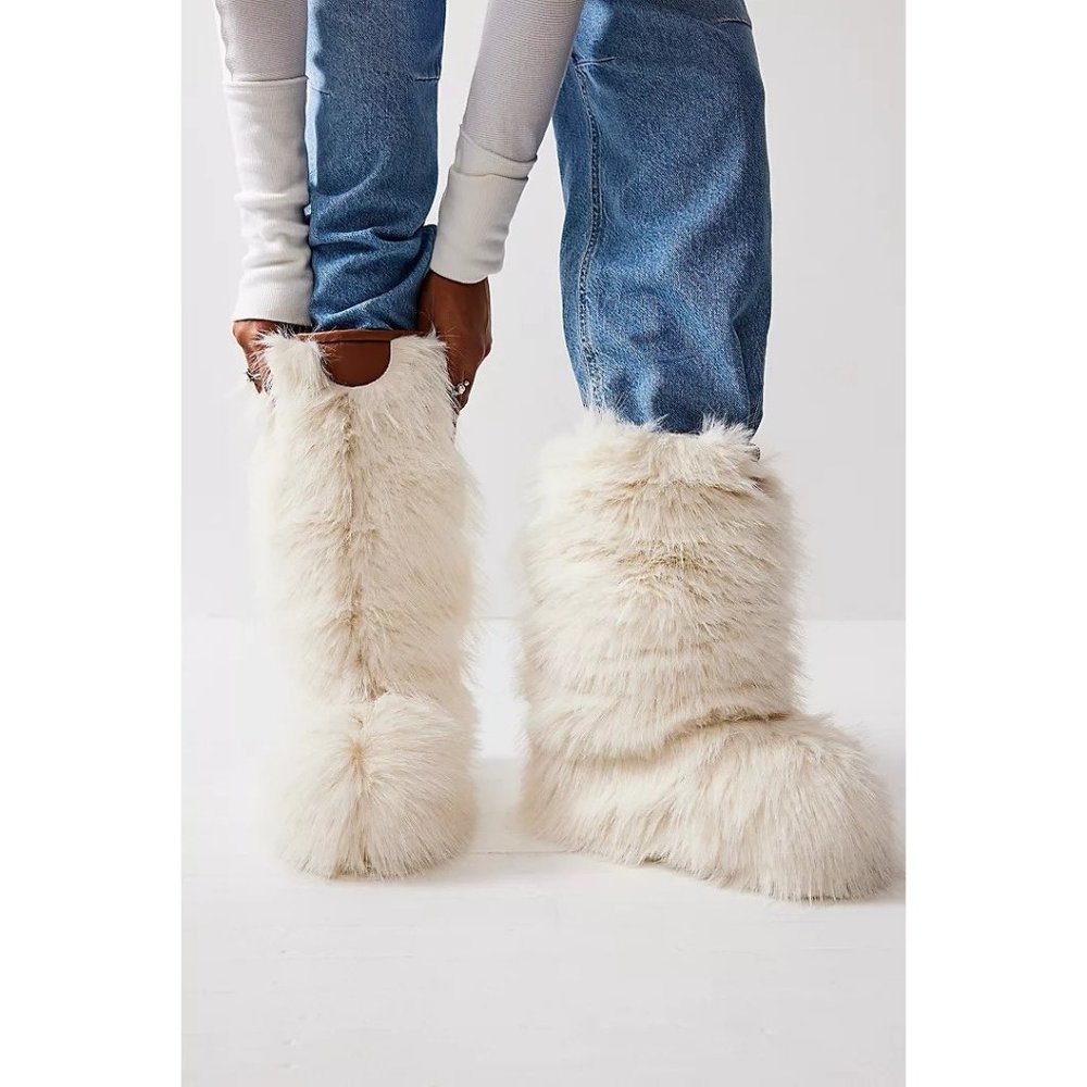 Free People Cream Furry Heeled Boots